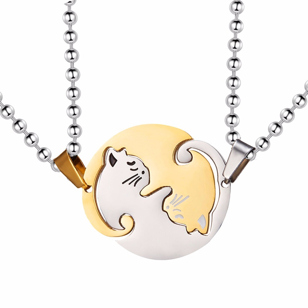 Collar Pareja Gatos Ying Yang Acero Inoxidable Dorado Plata Circulo