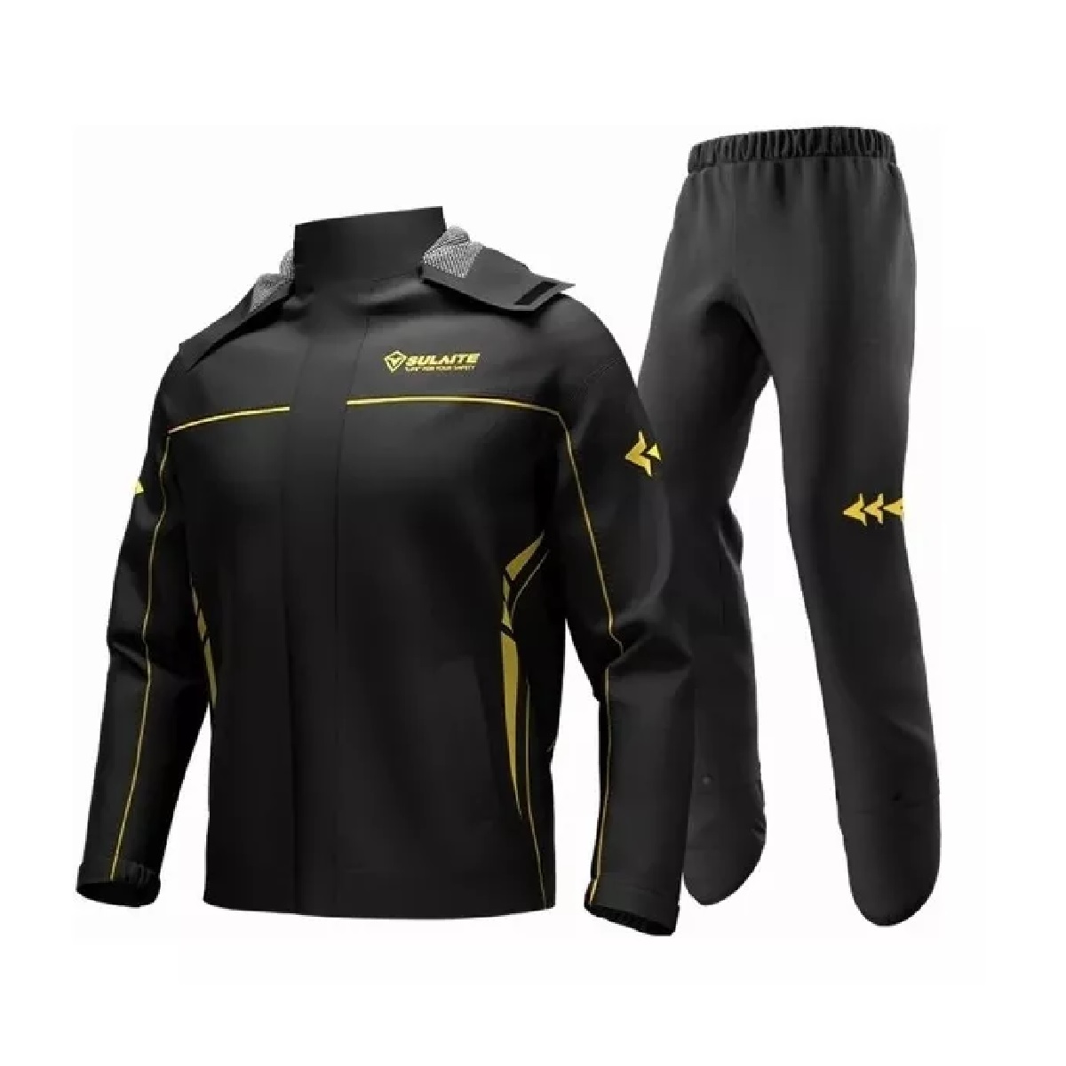 Impermeable Motociclista Reflejante Con Capucha Negro Amarillo Claro XL