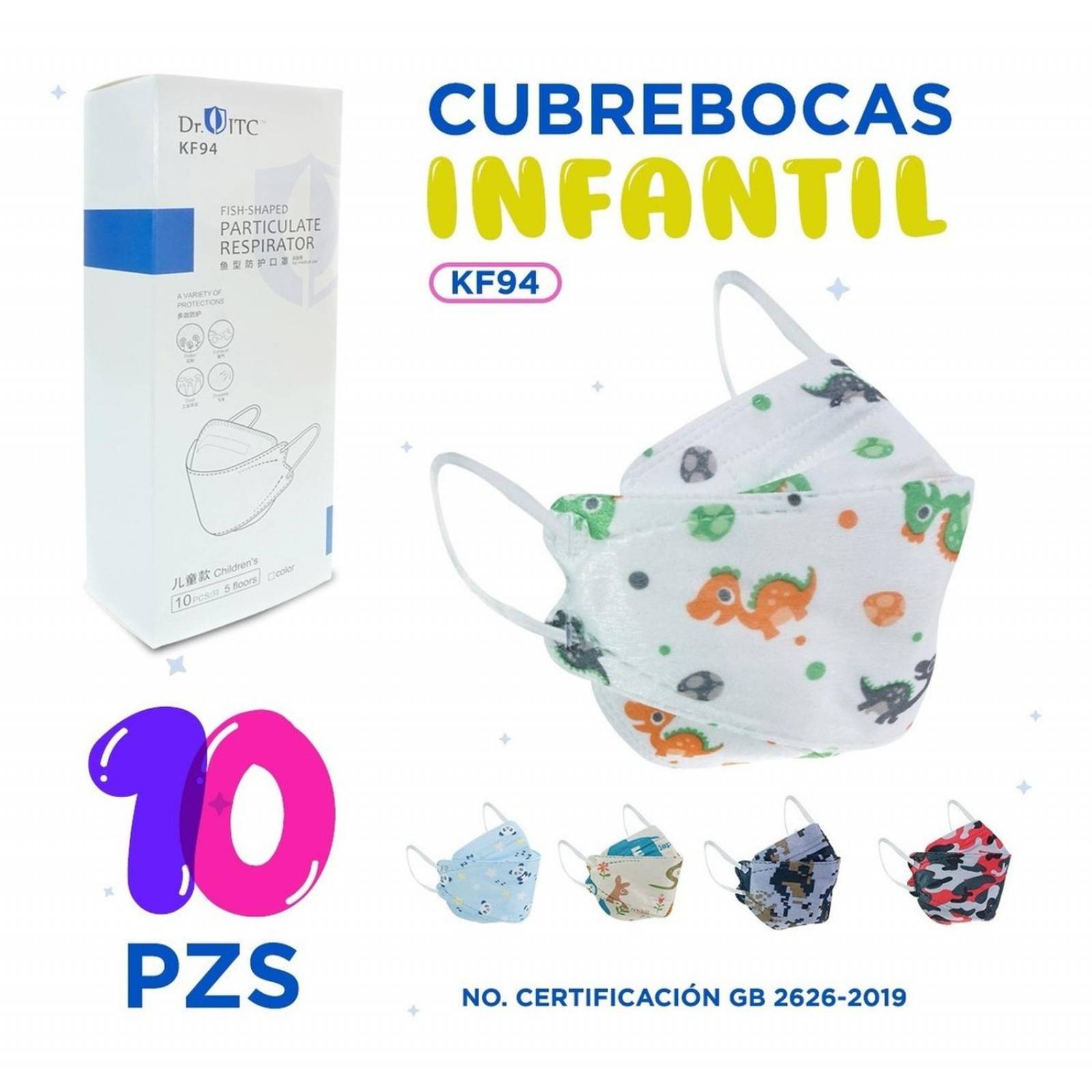 Cubrebocas Kf Infantil Mascarillas De Ni O Pzs Blanco Dinosaurios