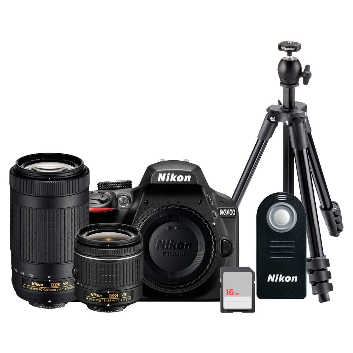 Camara Nikon D3400 Kit Doble Lente AF-P 18-55MM/AF-P 70-300MM+ Tripie+ Tarjeta SD 16 GB