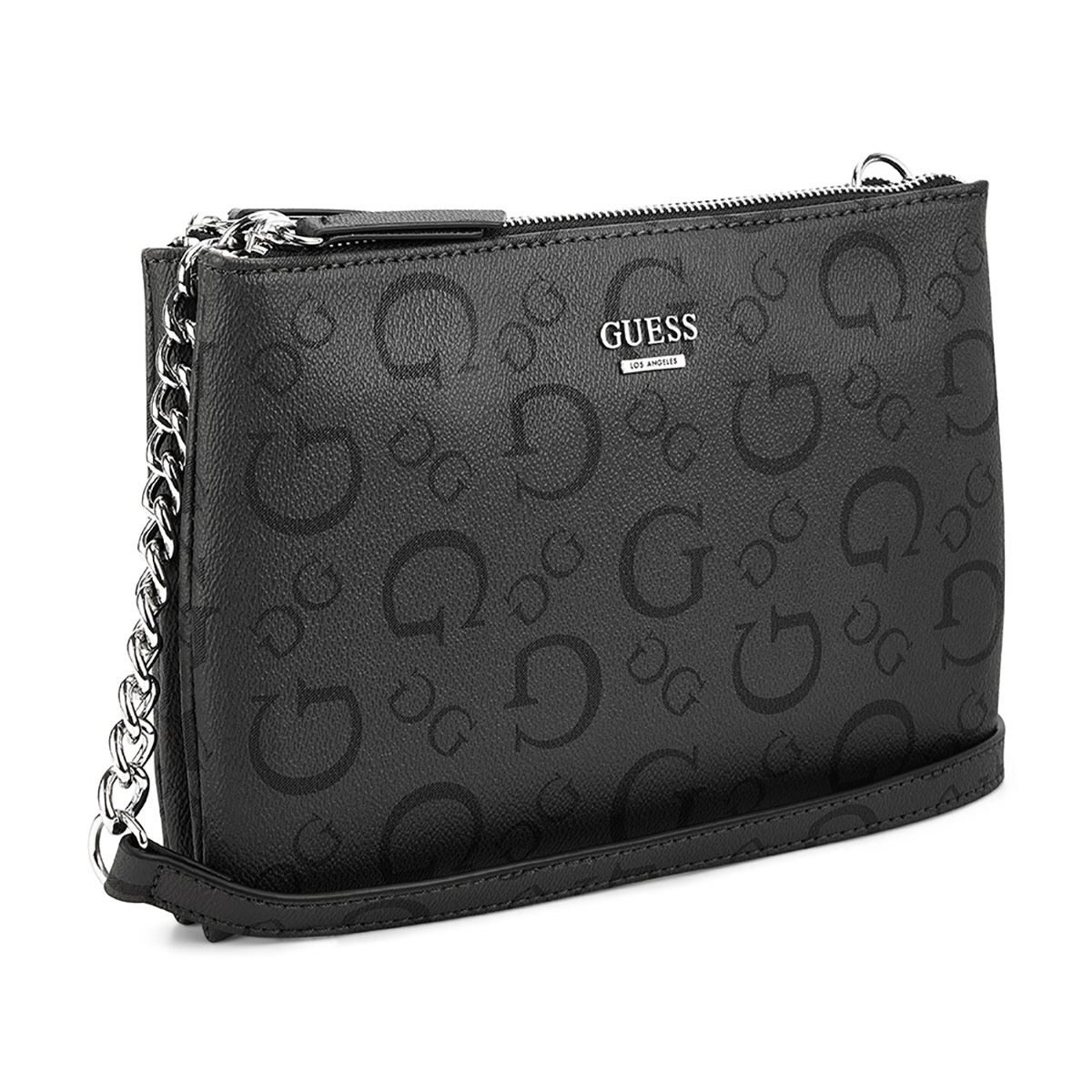 Bolsa Guess Factory Kalei estilo mini double zip crossbody color negro