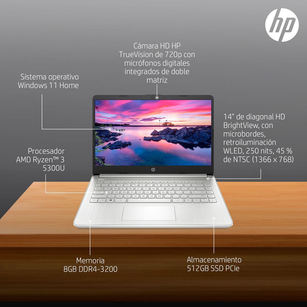 Laptop HP 14" FQ1004LA AMD Ryzen 3 5300U, RAM 8 GB, SSD 512 GB