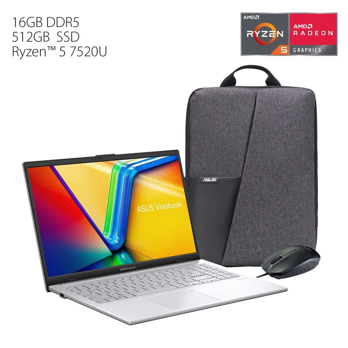Laptop ASUS VivoBook Go E1504FA NJ881W R5 7520U 16G 512G Mochila y Mouse