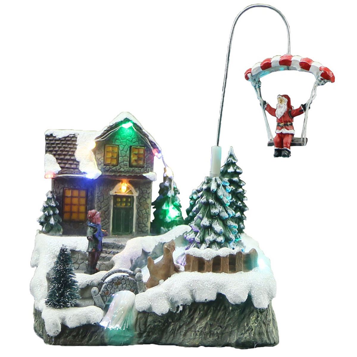 Villa Navideña con luces, río y paracaídas Santa Claus con movimiento
