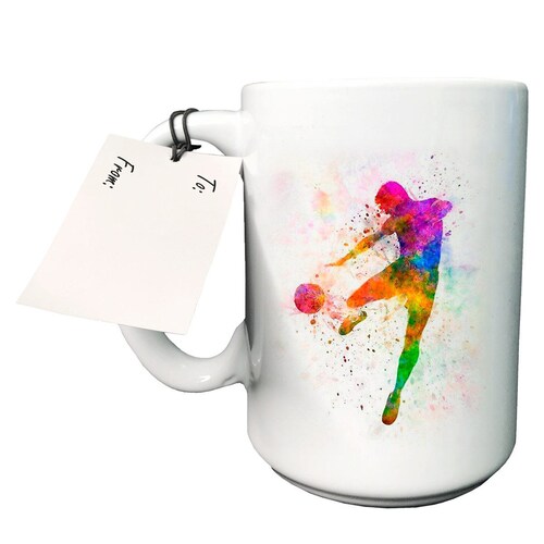 Taza de cerámica con diseño de jugador de fútbol multicolor