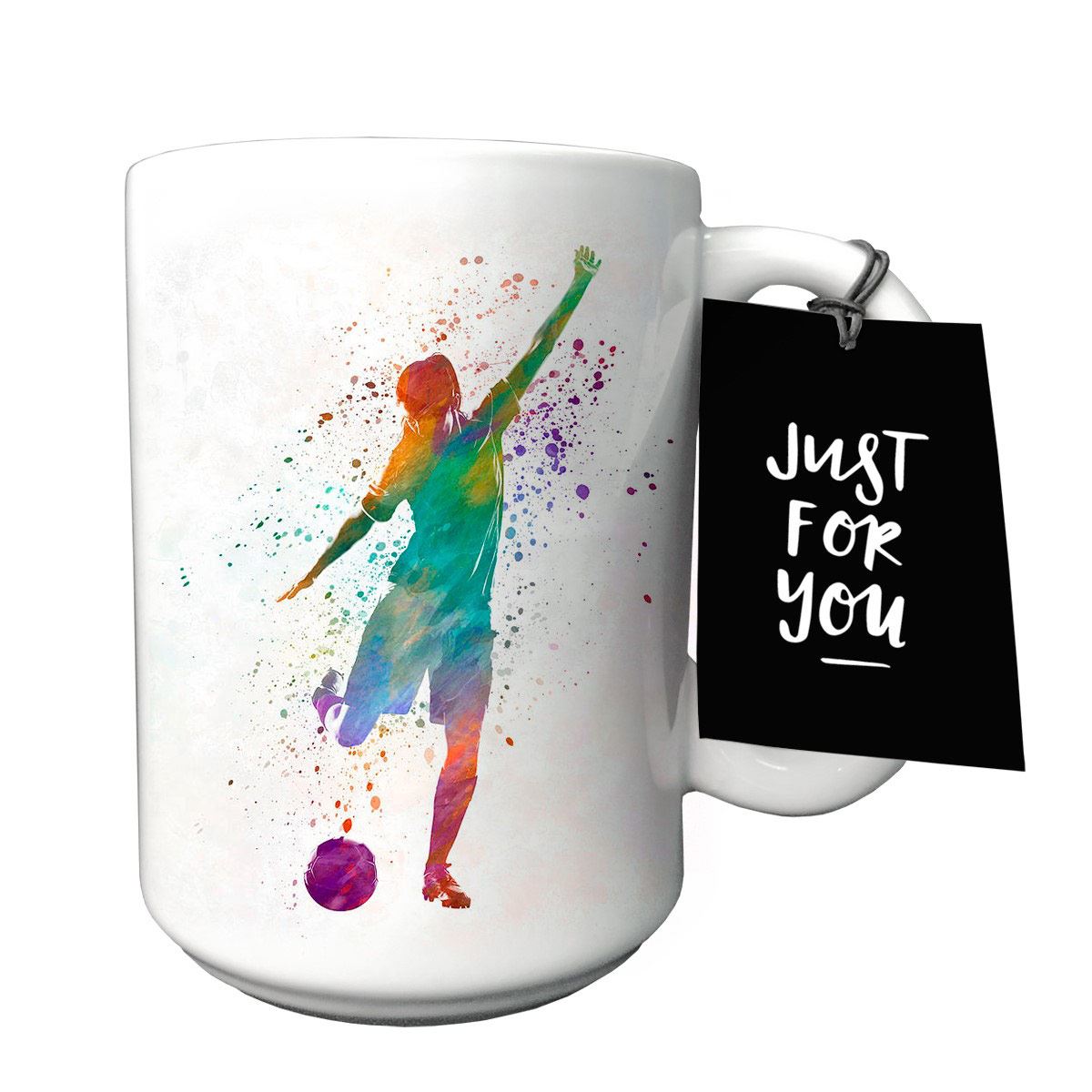 Taza de cerámica con diseño de jugadora de fútbol multicolor