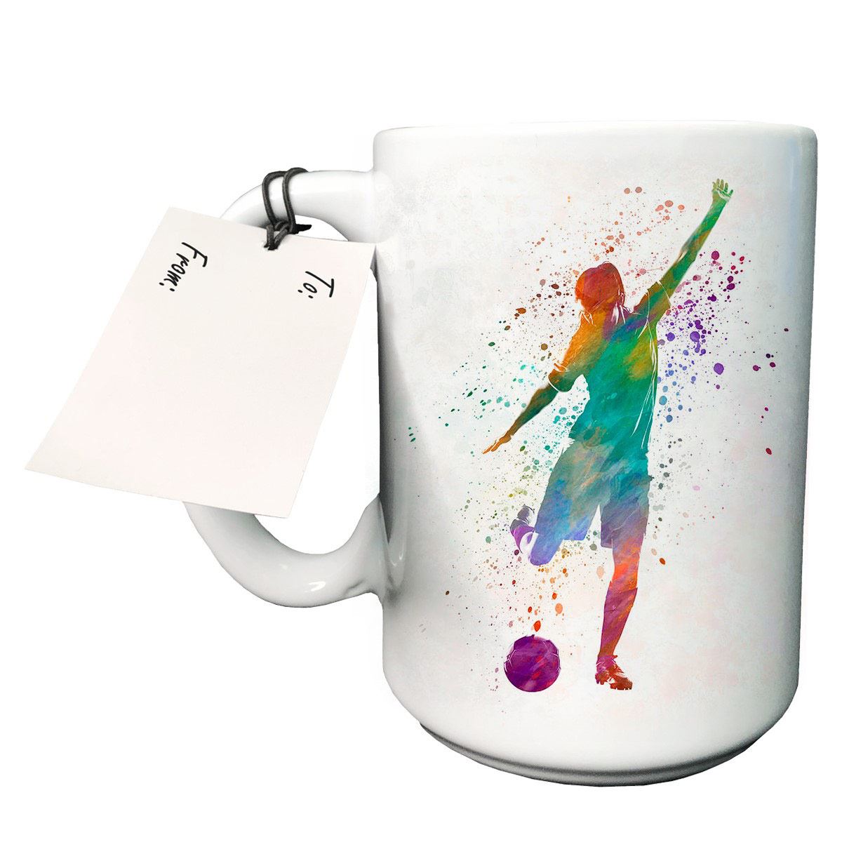 Taza de cerámica con diseño de jugadora de fútbol multicolor
