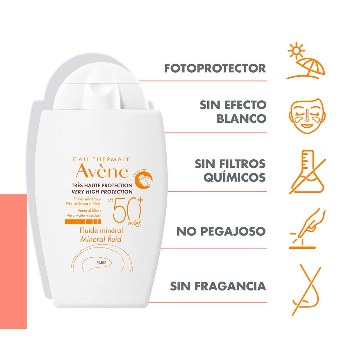 Avene Fluido Mineral, Piel sensible/reactiva/intolerante, FPS 50+, 40ml