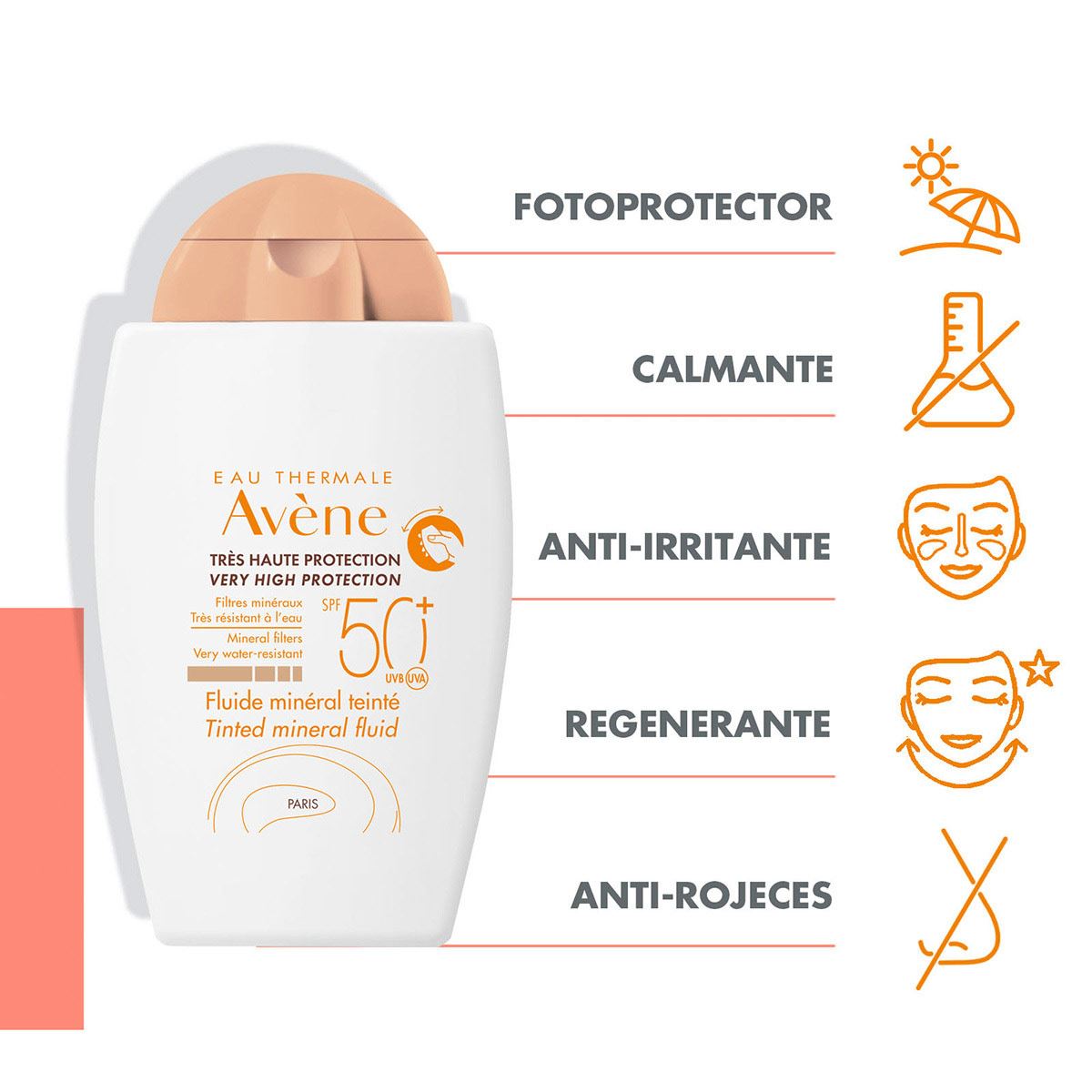 Avene Fluido Mineral Con Color, Piel sensible/reactiva/intolerante, FPS 50+, 40ml