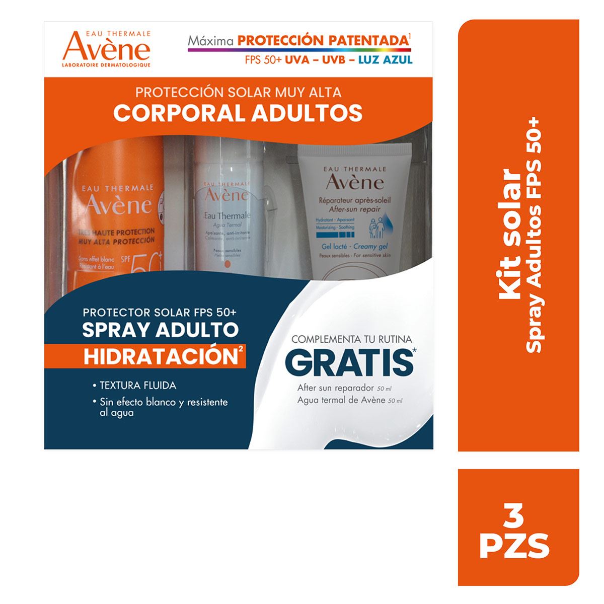 Avene Kit Spray Protector Solar Adulto FPS 50+ 200ml + Agua Termal 50 ml  +  Reparador After Sun 50ml