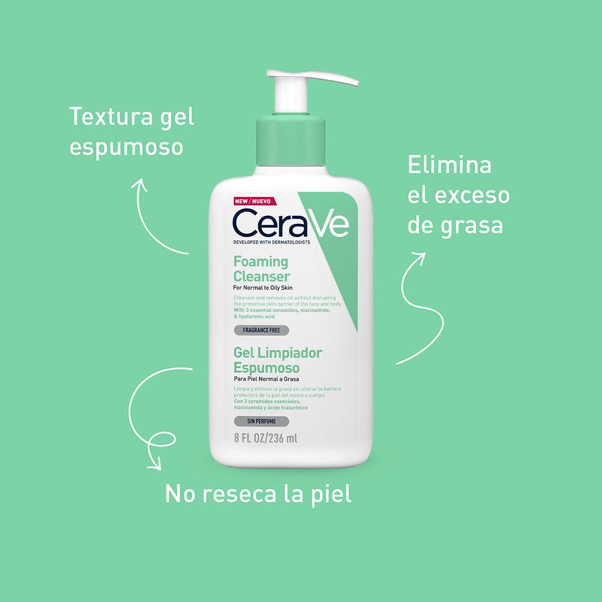 Gel Limpiador Espumoso para Piel Mixta, Grasa o con Acné CeraVe