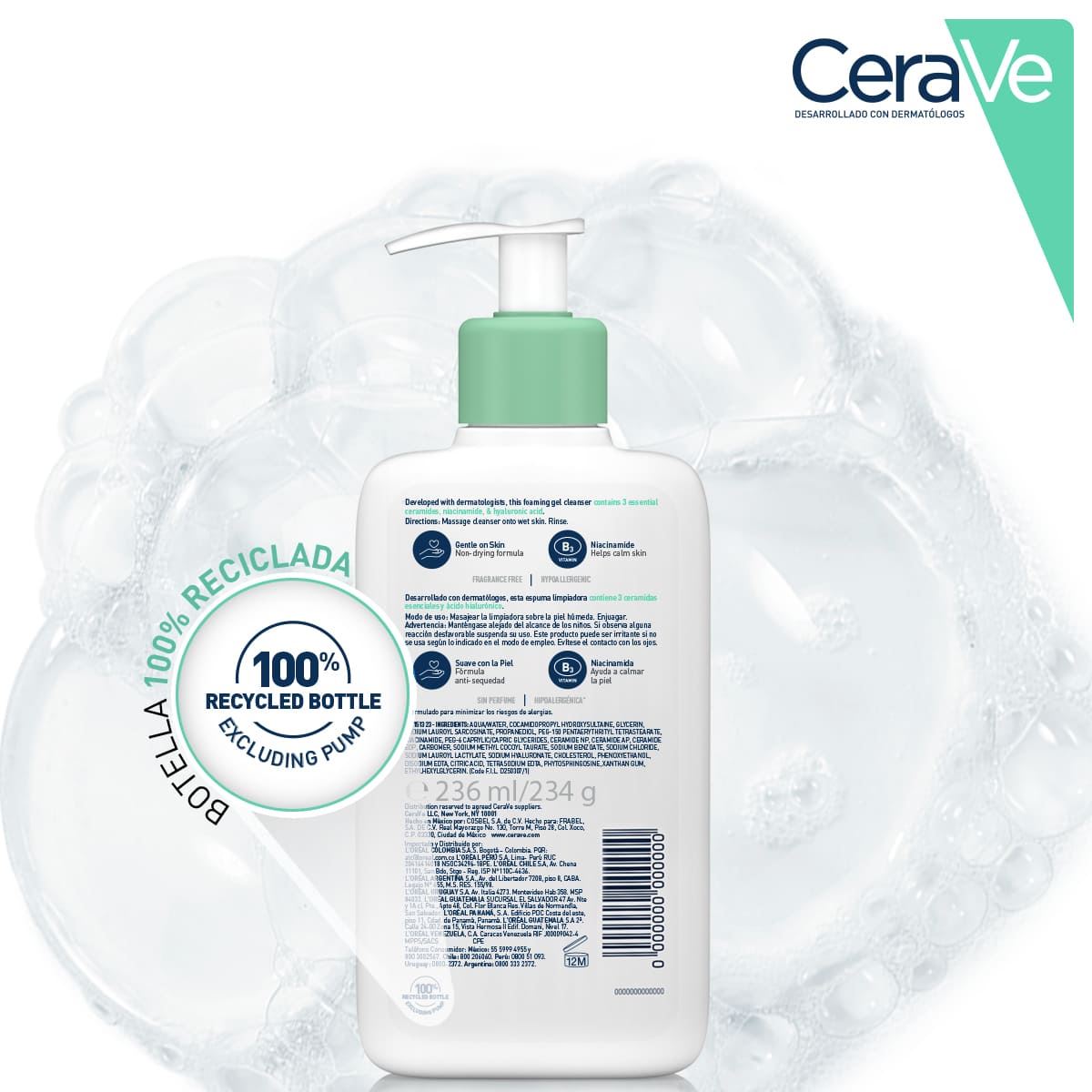 Gel Limpiador Espumoso para Piel Mixta, Grasa o con Acné CeraVe