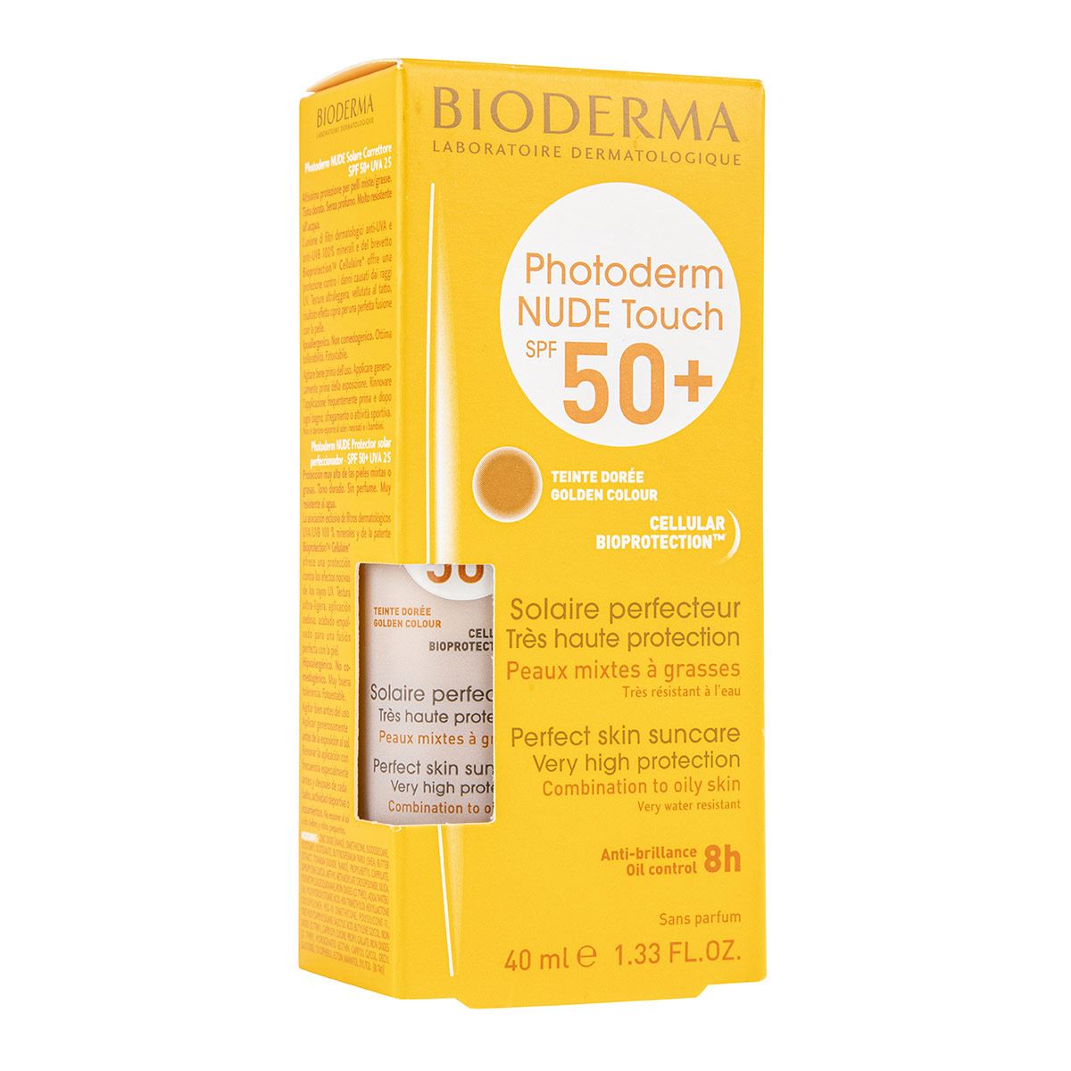 Bioderma Photoderm Nude Touch Protector Solar Tono Dorado SPF50+ efecto piel natural, 40 ml