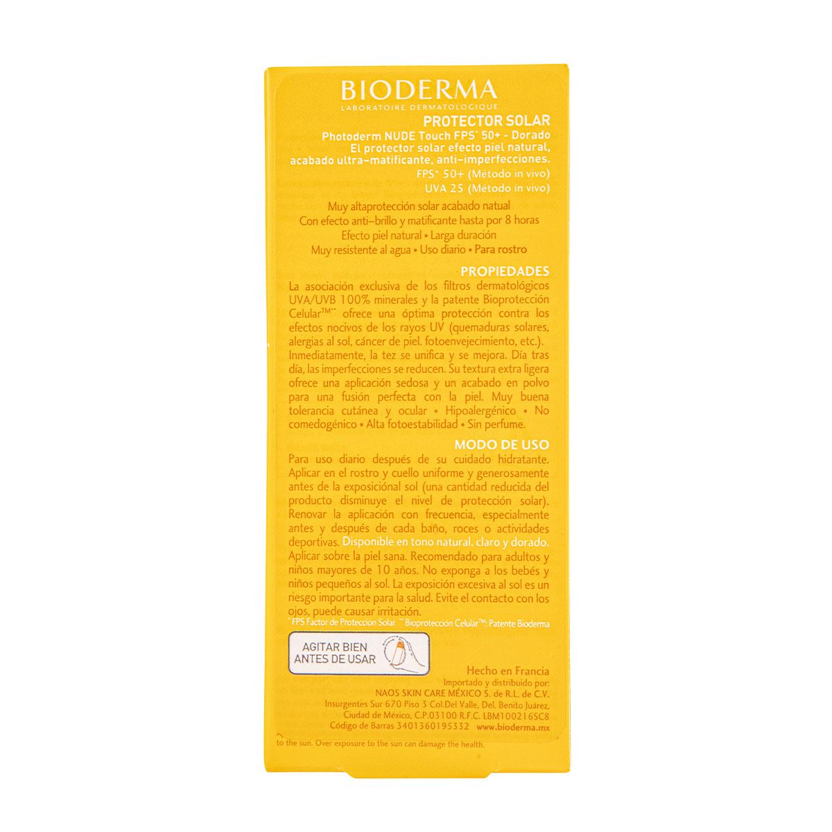 Bioderma Photoderm Nude Touch Protector Solar Tono Dorado SPF50+ efecto piel natural, 40 ml