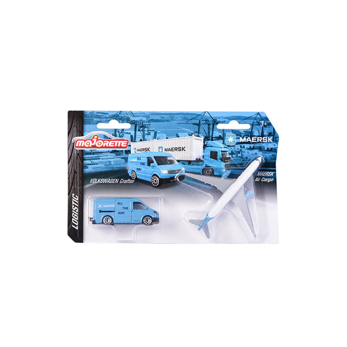 Majorette Maersk Transportvoertuig – Willekeurig Gekozen Uit 3 Modellen – Volvo Met 2 Containers, MAN Met 1 Container Of VW Crafter Met Airbus – Vanaf 3 Jaar