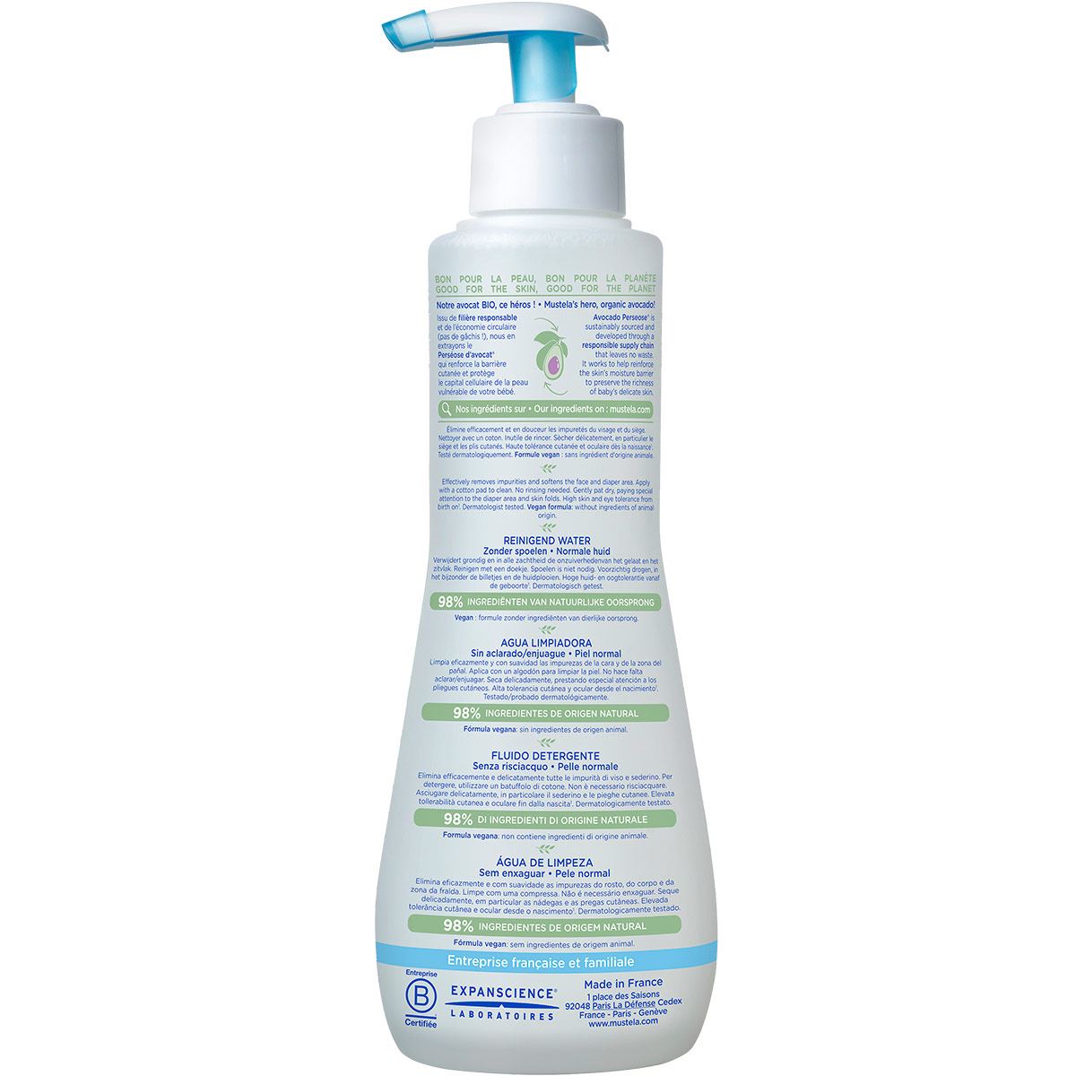 Mustela Solución Limpiadora Sin Enjuague con Aguacate Orgánico para bebés y niños con Piel Normal 300ml