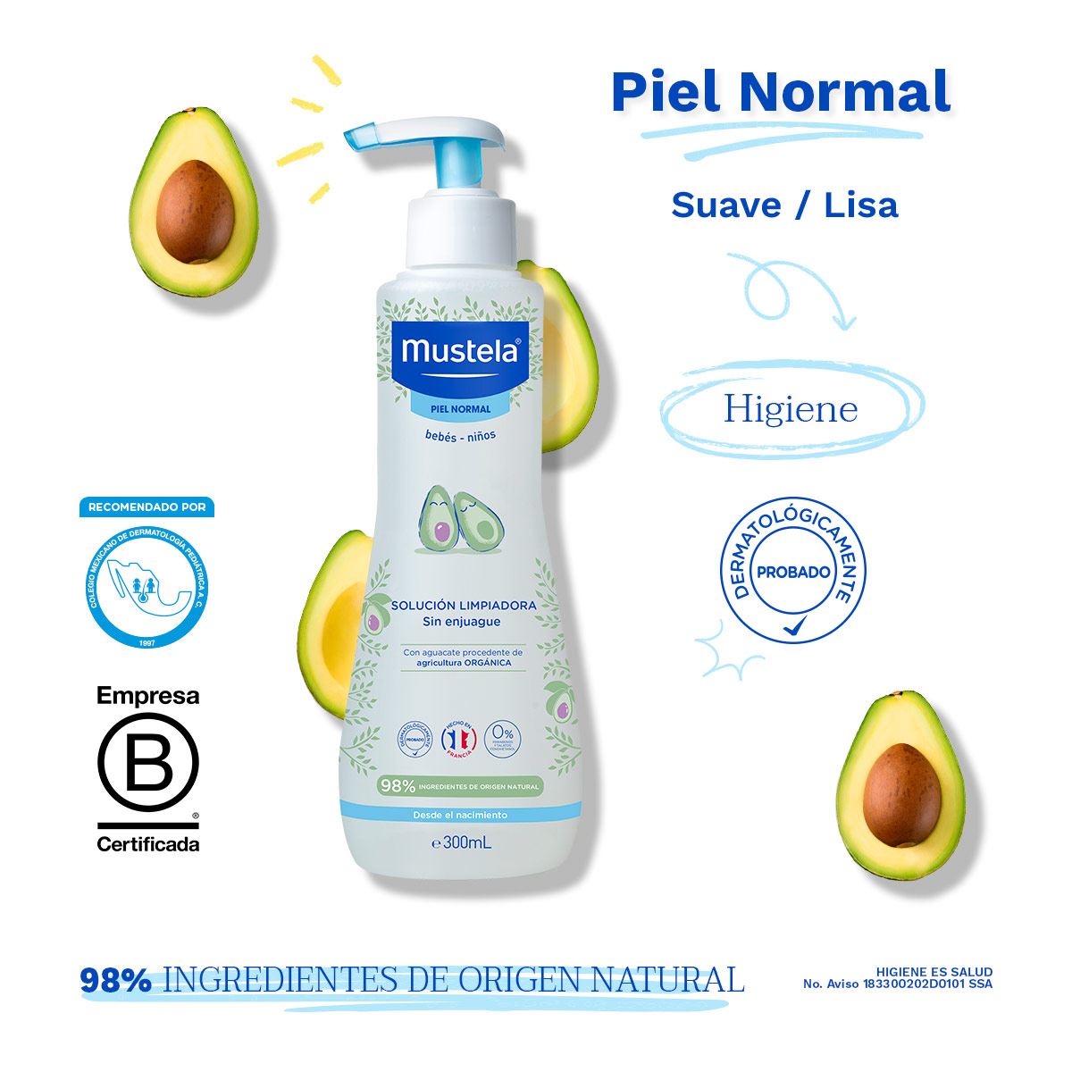 Mustela Solución Limpiadora Sin Enjuague con Aguacate Orgánico para bebés y niños con Piel Normal 300ml