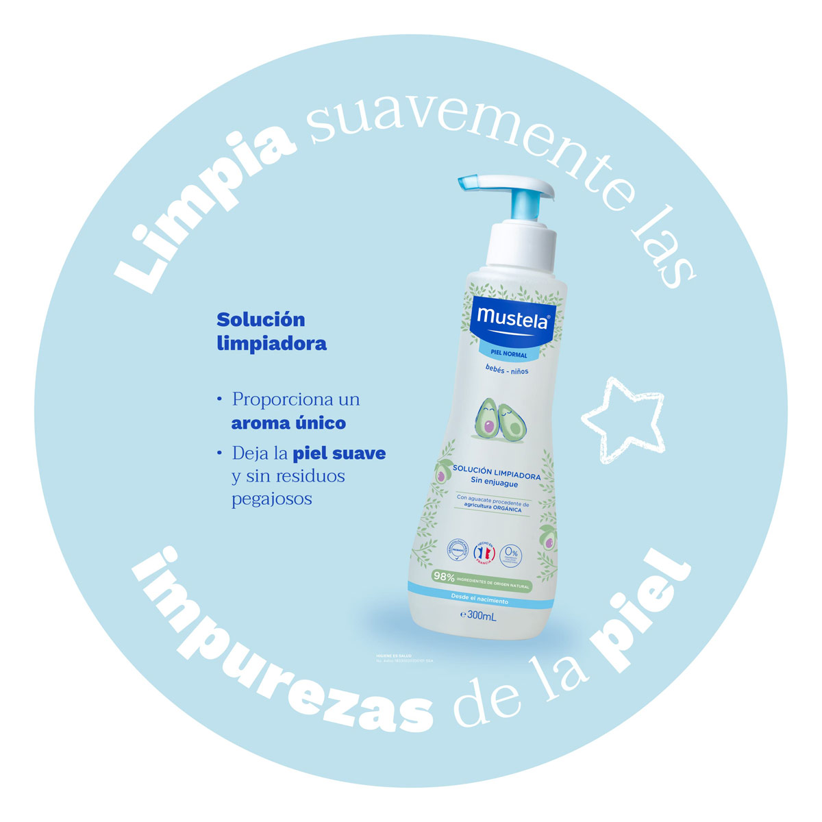 Mustela Solución Limpiadora Sin Enjuague con Aguacate Orgánico para bebés y niños con Piel Normal 300ml