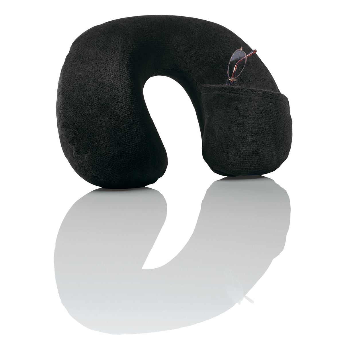 Almohada de Cuello Inflable&#44; con Compartimiento para Gafas. Tela Polar Color Negro. 1 Pieza