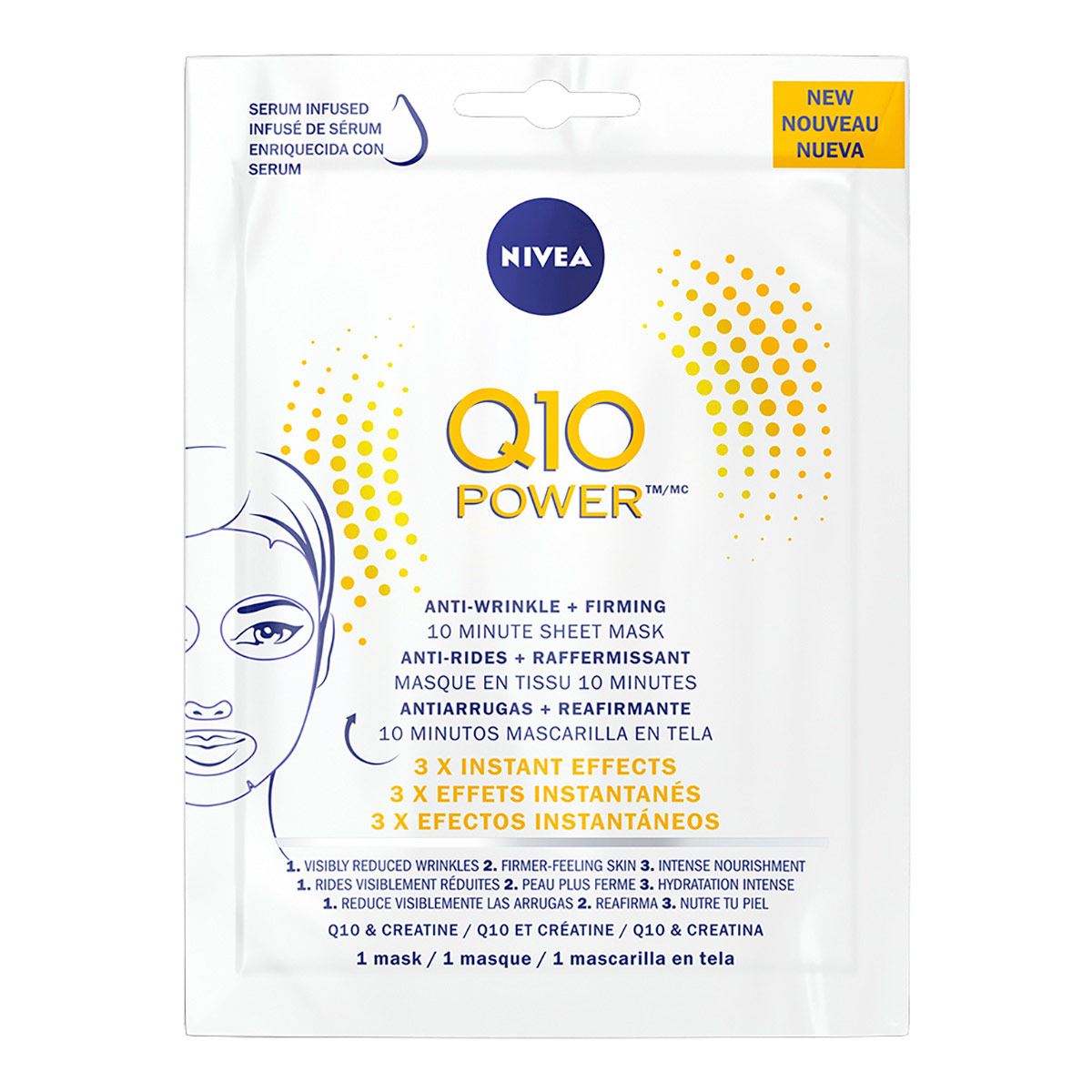 Nivea Mascarilla Facial Humectante en tela Antiarrugas y Reafirmante enriquecida con Q10 de 10 Minutos, 1 Pieza