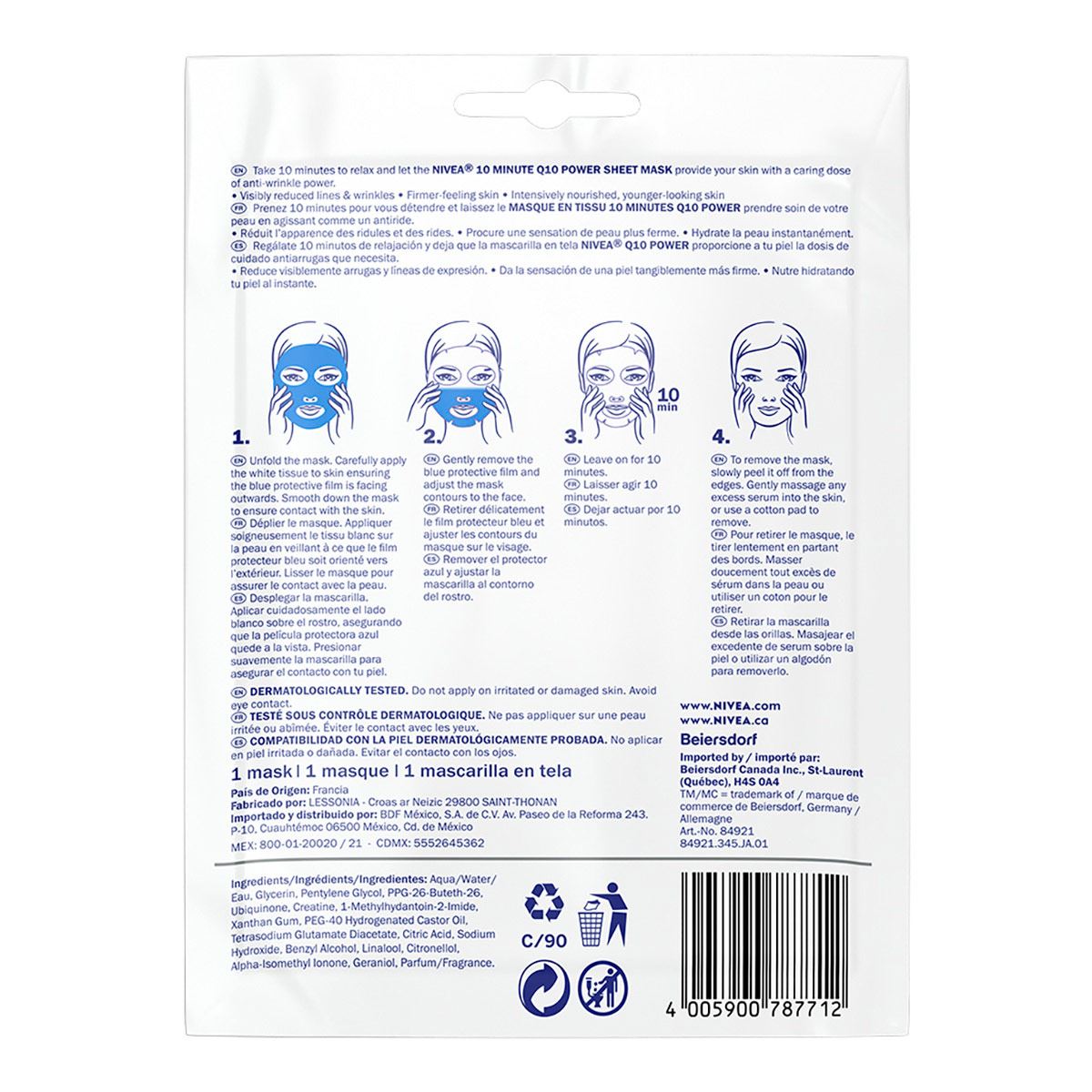 Nivea Mascarilla Facial Humectante en tela Antiarrugas y Reafirmante enriquecida con Q10 de 10 Minutos, 1 Pieza