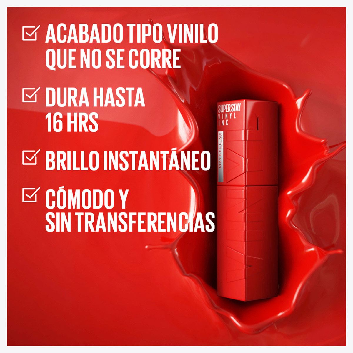 Labial Líquido Brillante, Maybelline Superstay Vinyl Ink Red Hot 25