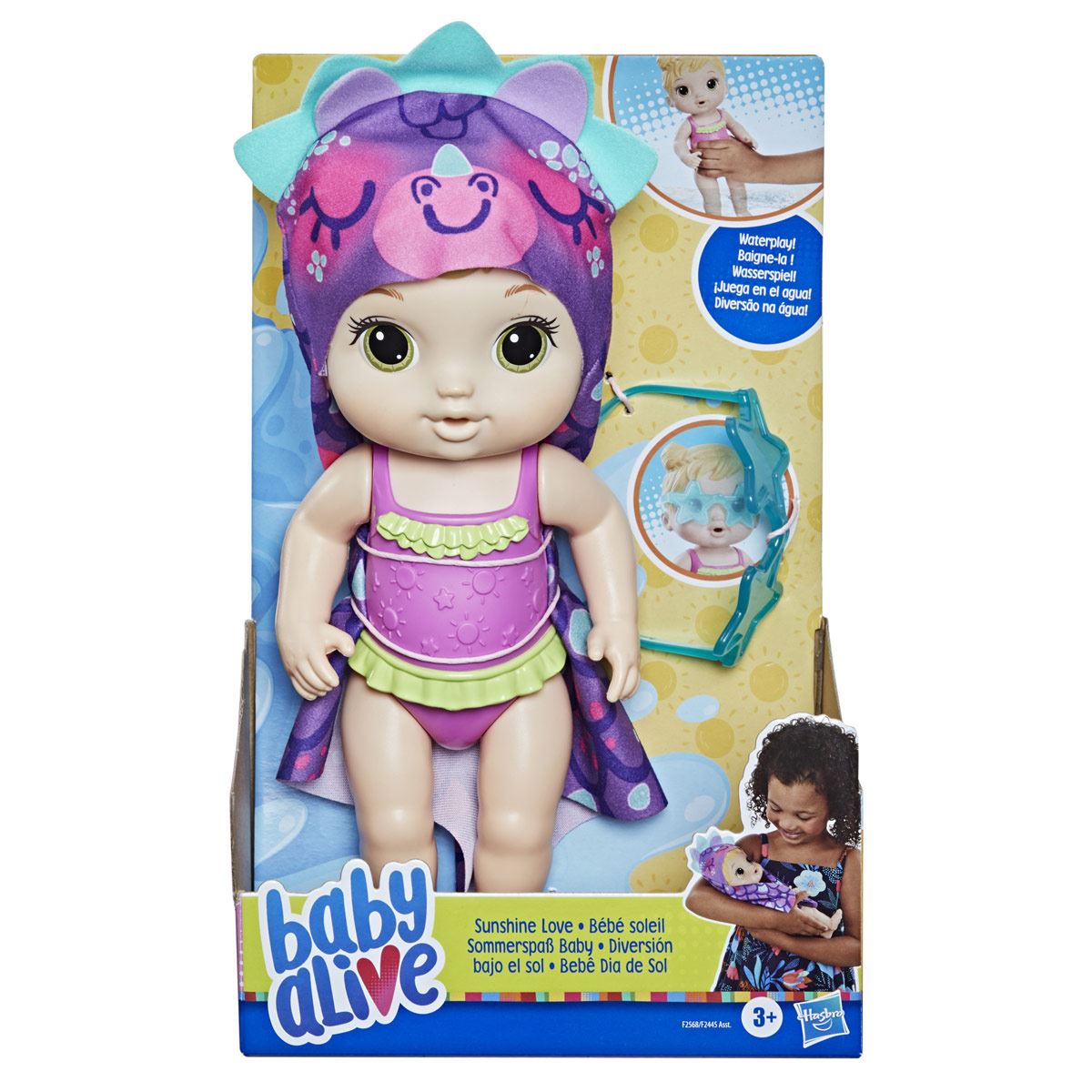 Baby Alive - Muñeca Diversión bajo el sol - Toalla de dinosaurio - Pelo rubio