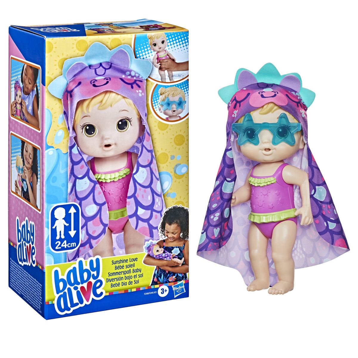 Baby Alive - Muñeca Diversión bajo el sol - Toalla de dinosaurio - Pelo rubio