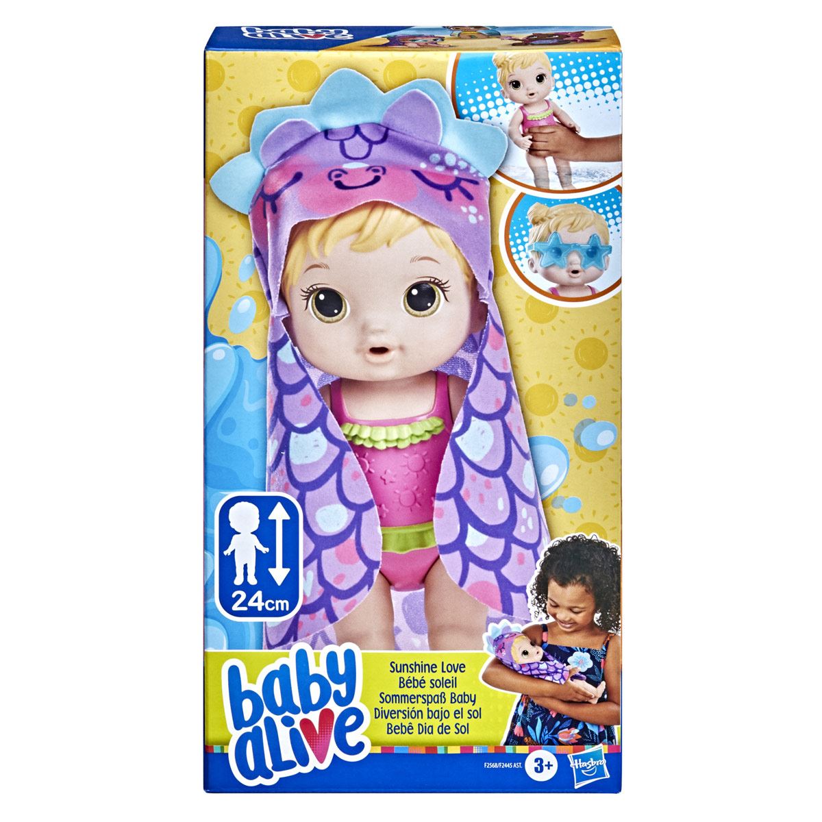Baby Alive - Muñeca Diversión bajo el sol - Toalla de dinosaurio - Pelo rubio