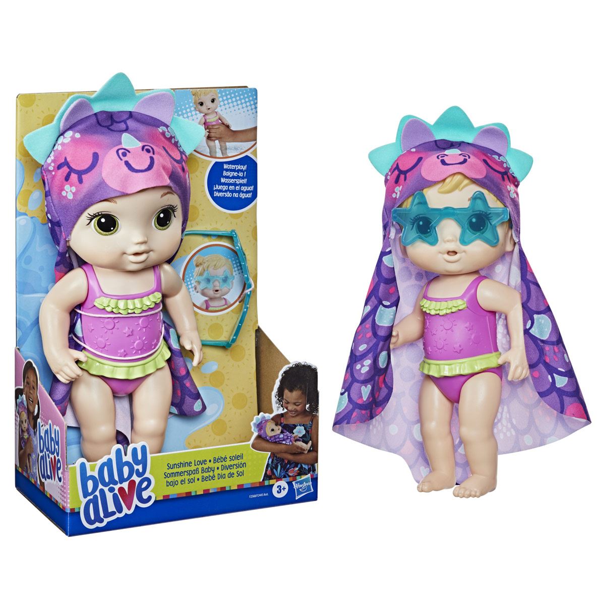Baby Alive - Muñeca Diversión bajo el sol - Toalla de dinosaurio - Pelo rubio