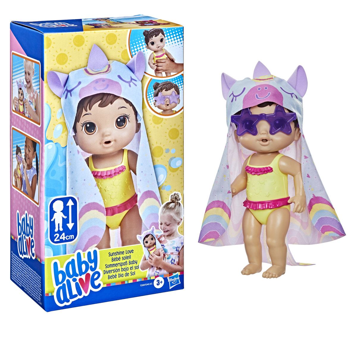 Baby Alive - Muñeca Diversión bajo el sol - Toalla de unicornio - Pelo castaño