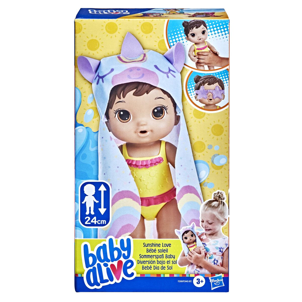 Baby Alive - Muñeca Diversión bajo el sol - Toalla de unicornio - Pelo castaño