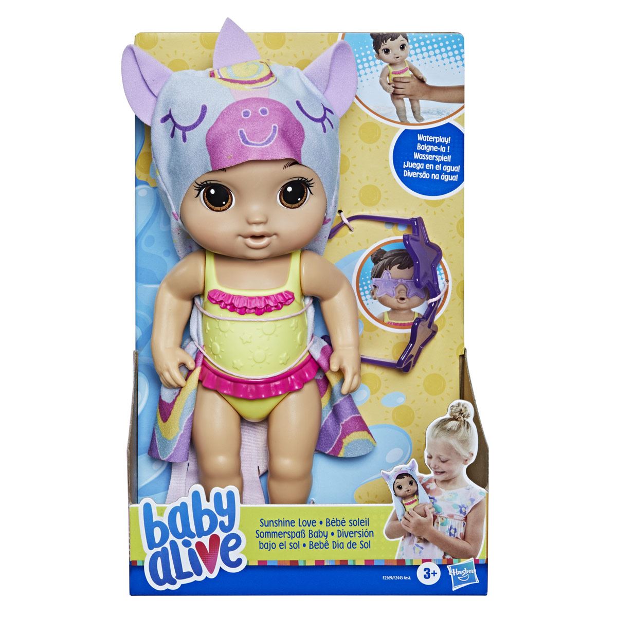 Baby Alive - Muñeca Diversión bajo el sol - Toalla de unicornio - Pelo castaño