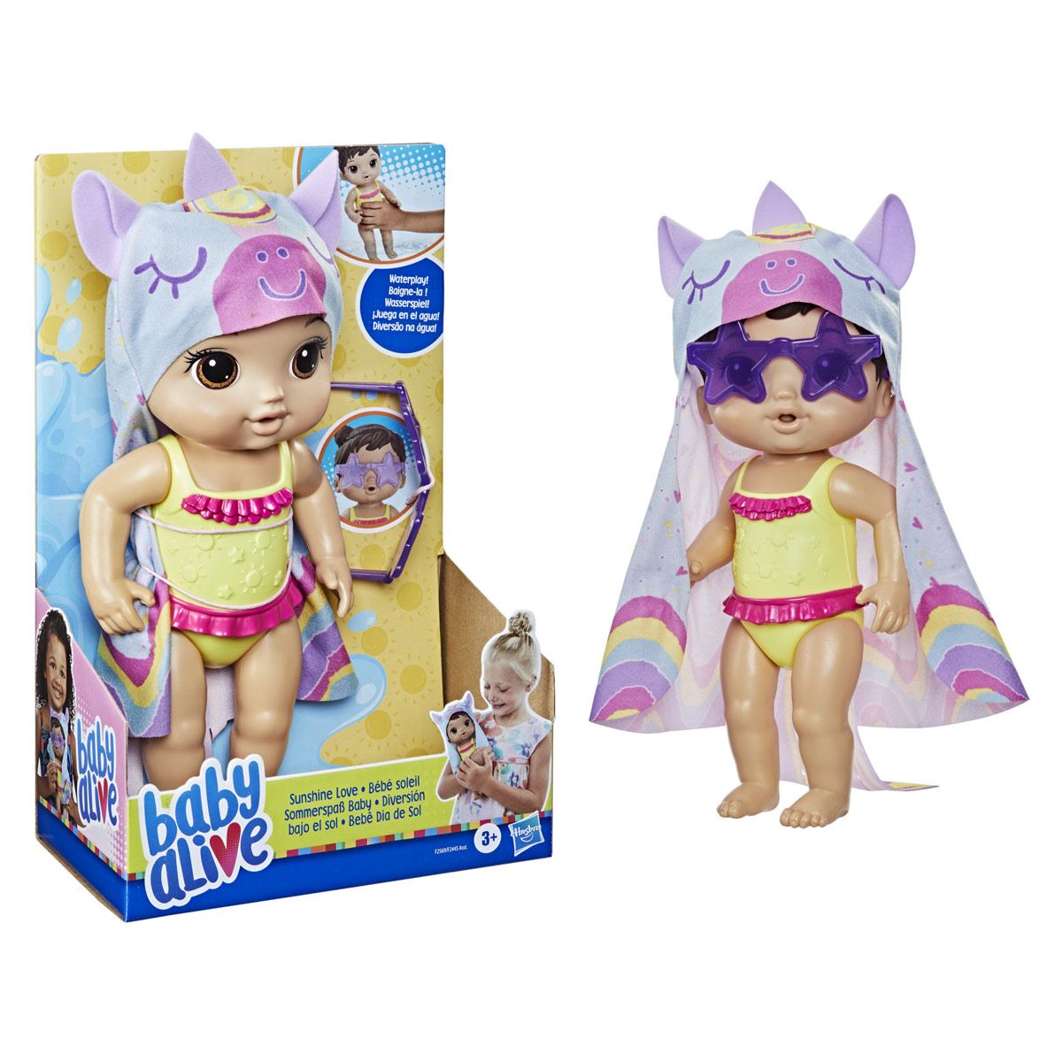Baby Alive - Muñeca Diversión bajo el sol - Toalla de unicornio - Pelo castaño