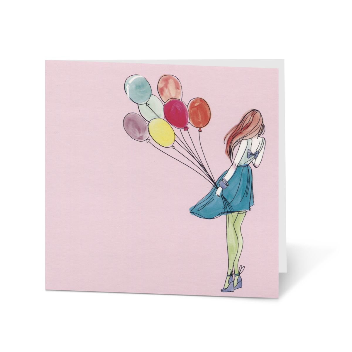 Tarjeta En Blanco Mujer Con Globos Colores