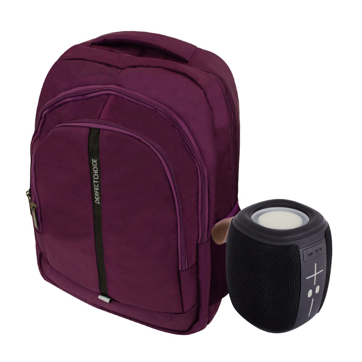 Set Backpack Essential Pro 15" Morado con Bocina portátil RGB Novel Drum Negra Perfect Choice
