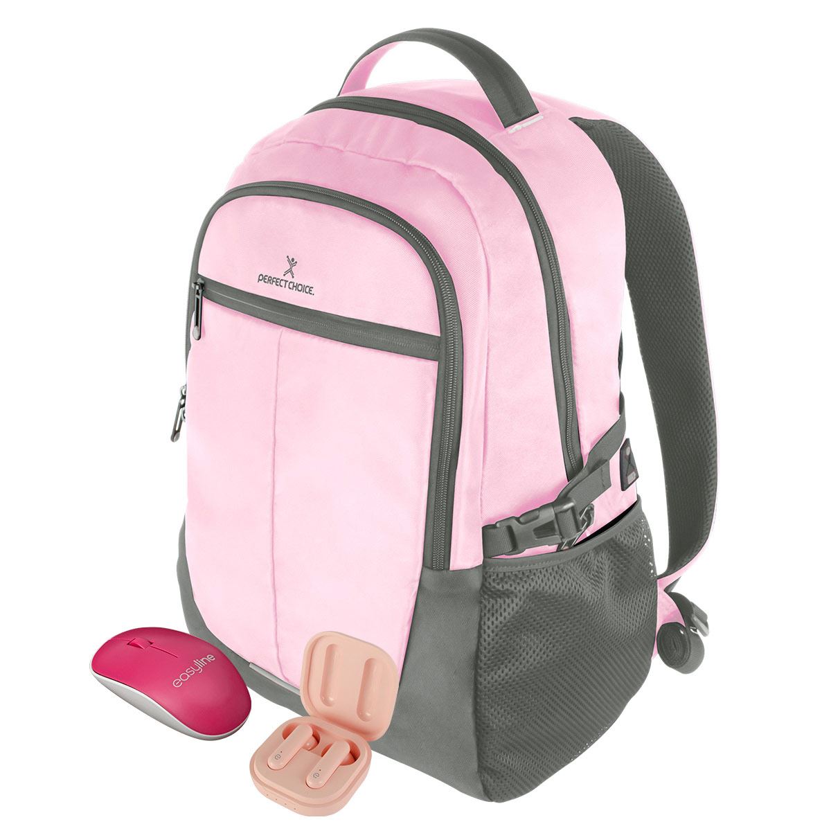 MOCHILA VAGARY ROSA GRIS CON MOUSE INALAMBRICO VIVA MAGENTA CON AUDÍFONOS VIVA LIGHT ROSA