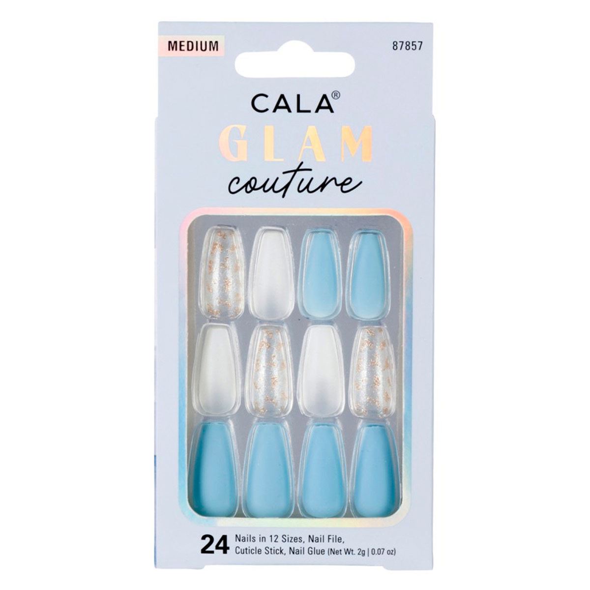 Kit Uñas Postizas Medium Coffin Azul/Blanco con detalles Dorados 24 piezas