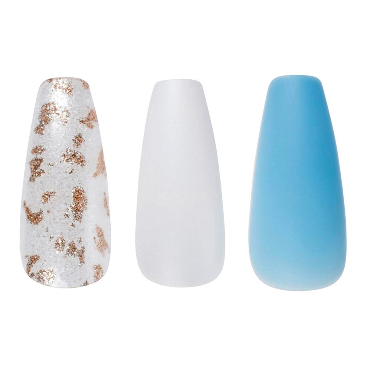 Kit Uñas Postizas Medium Coffin Azul/Blanco con detalles Dorados 24 piezas