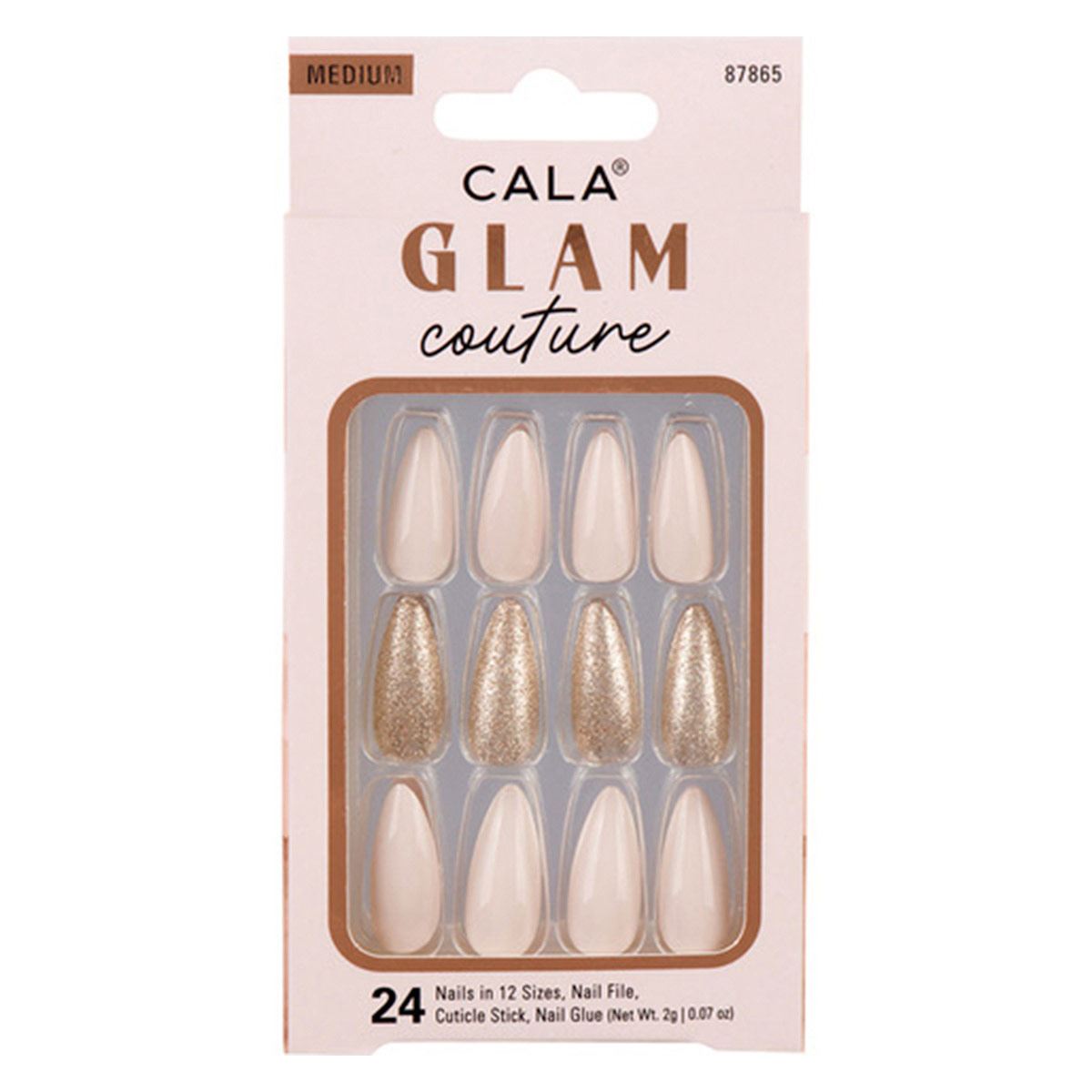 Kit Uñas Postizas Medium Almond Shiny Off Blanco/Dorado Glitter 24 piezas