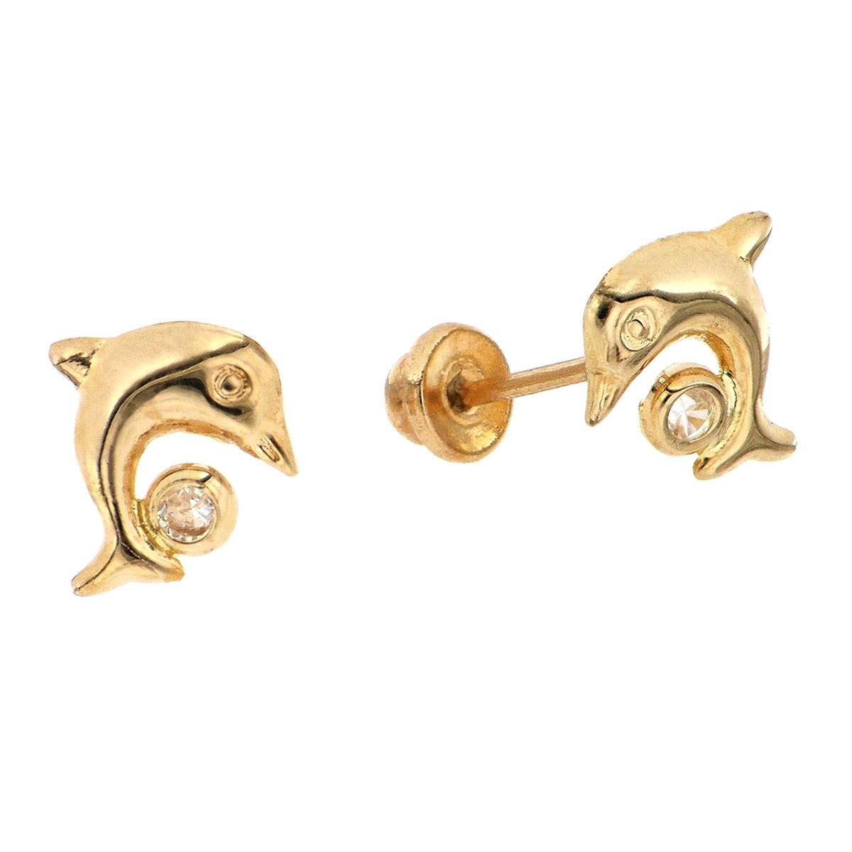 Broqueles HERS Delfincito Cristal en Oro de 14 K