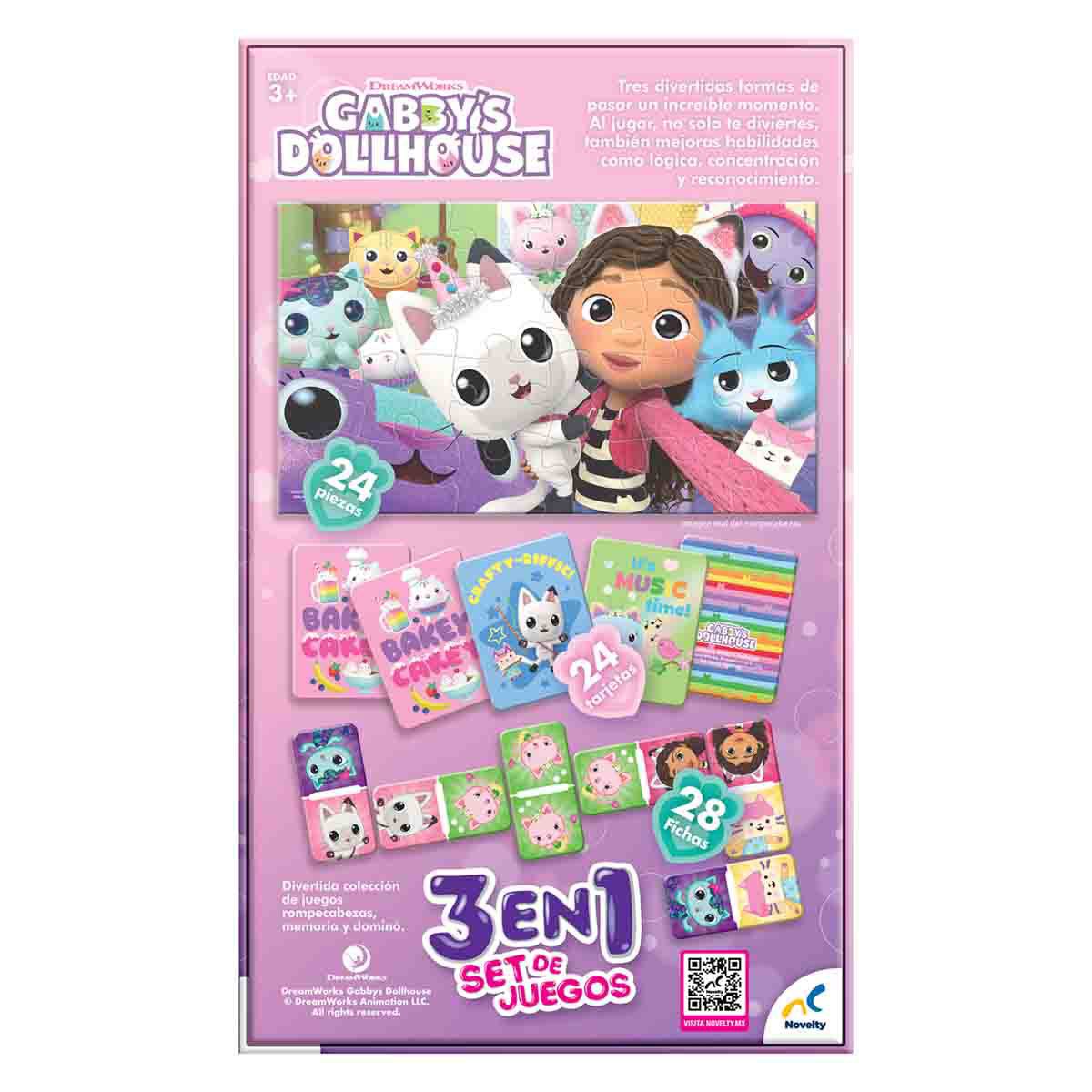 Set de Juegos 3 en 1 Memoria, Dominó y Rompecabezas Gabbys Dollhouse