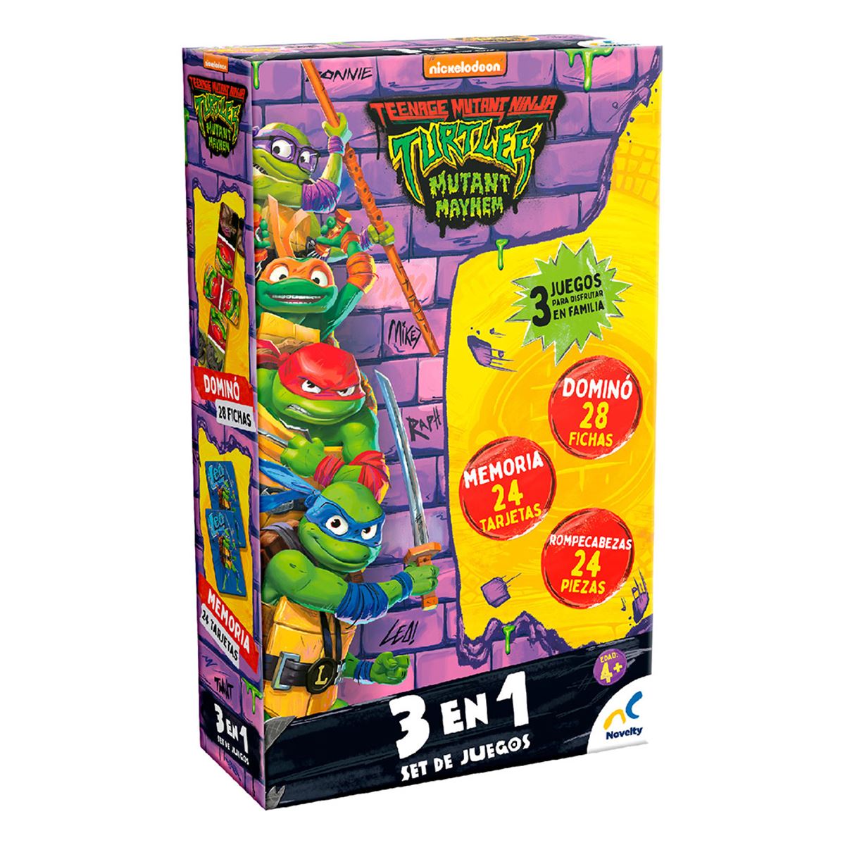 Set De Juegos 3 En 1 Memoria, Dominó Y Rompecabezas Tmnt Caja De Cartón