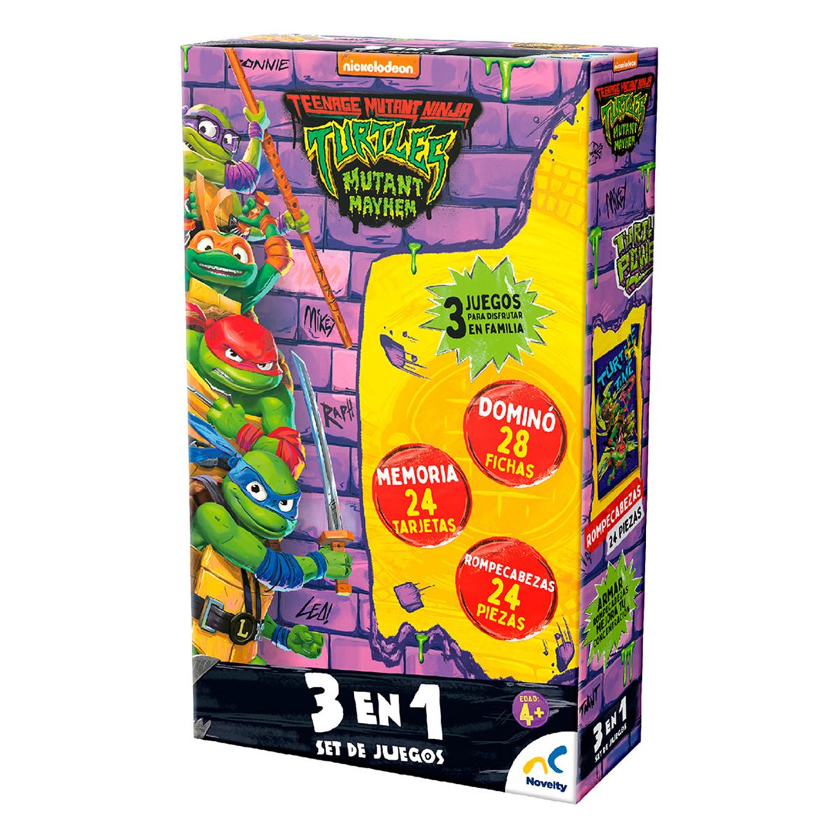 Set De Juegos 3 En 1 Memoria, Dominó Y Rompecabezas Tmnt Caja De Cartón