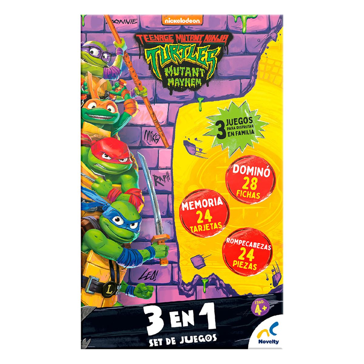 Set De Juegos 3 En 1 Memoria, Dominó Y Rompecabezas Tmnt Caja De Cartón