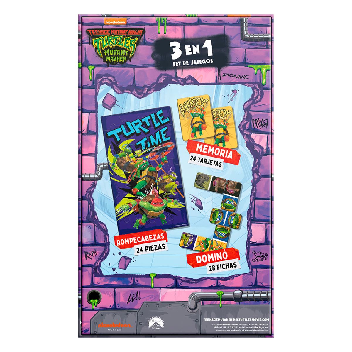 Set De Juegos 3 En 1 Memoria, Dominó Y Rompecabezas Tmnt Caja De Cartón