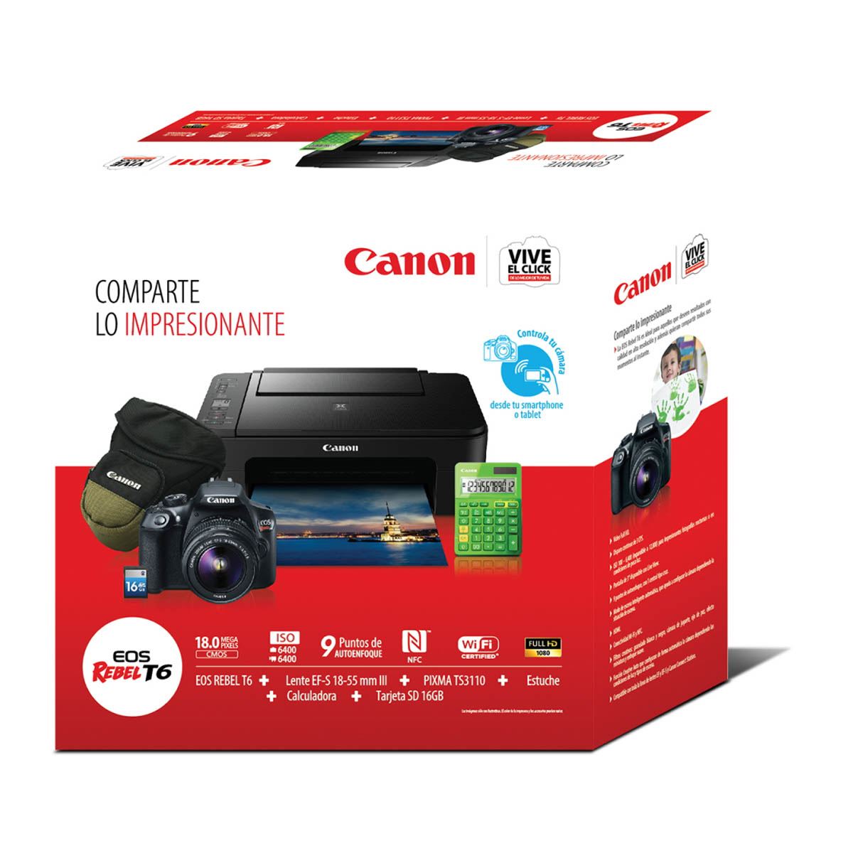 Kit Cámara Canon T6 EF-S 18-55+ LS123 Color+ Zoompack+ SD+TS3110