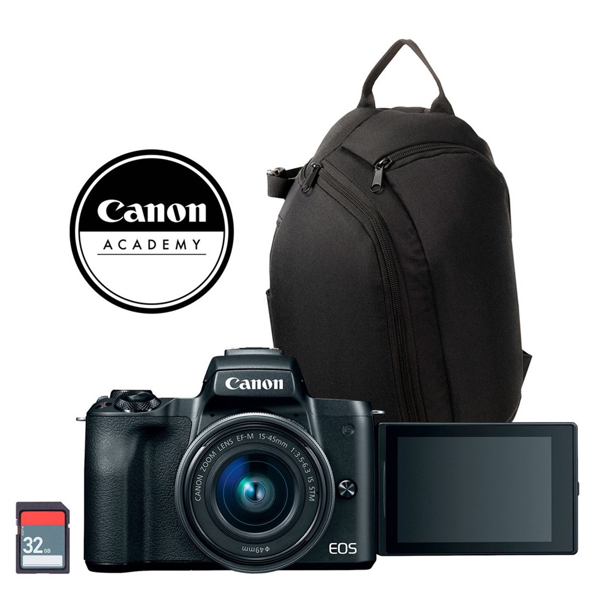 Cámara Canon kit M50 Mark II EF-M 15-45 mm IS STM + Maleta 100S + SD 32GB+ Curso Online ABC Vlogger