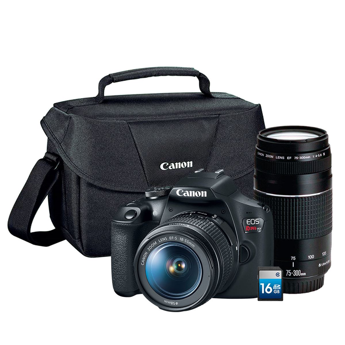 Cámara Canon kit T7 EF-S 18-55/EF 75-300 + Maleta 200ES + SD 16GB