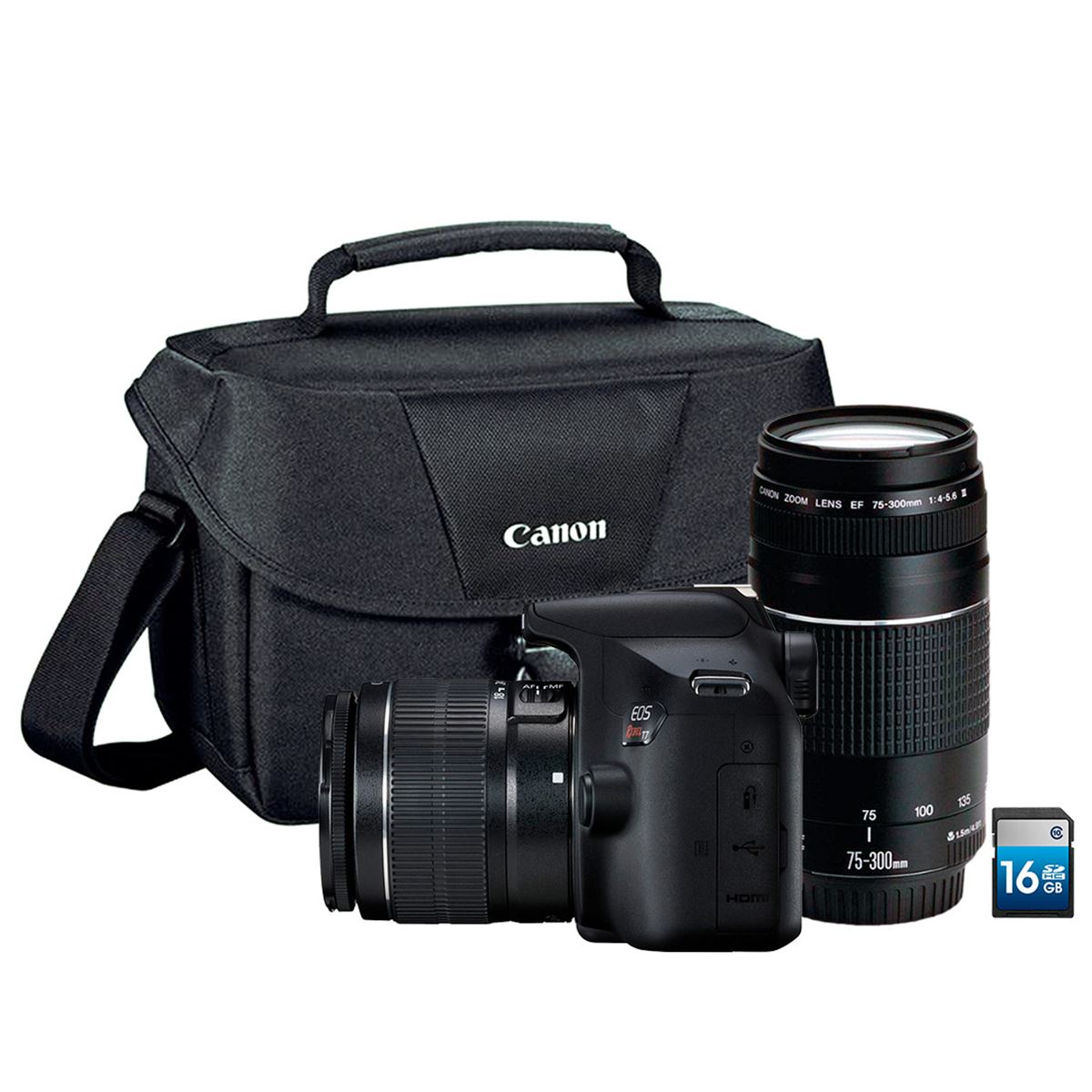 Cámara Canon kit T7 EF-S 18-55/EF 75-300 + Maleta 200ES + SD 16GB